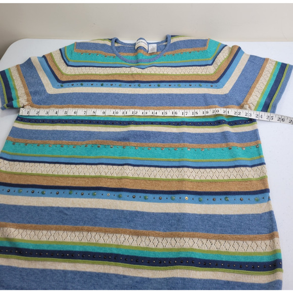 Alfred Dunner Short Sleeve Top Blue Tan Striped Embellished Knit Women's Size 1X - Picture 3 of 10